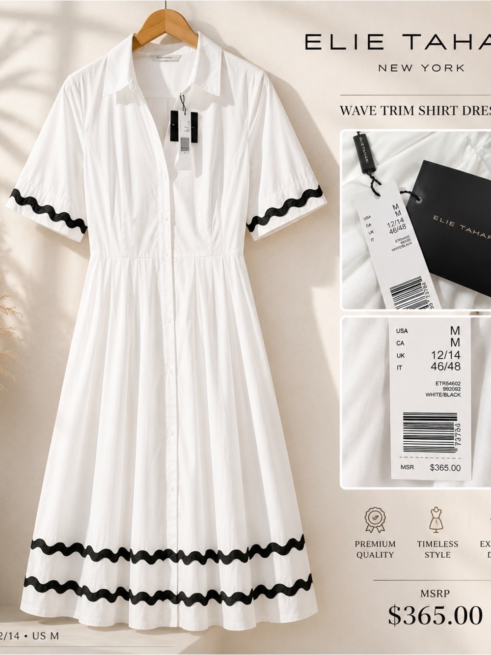 Elie Tahari White Midi Shirt Dress with Black Scalloped Trim - Picture 6 of 6